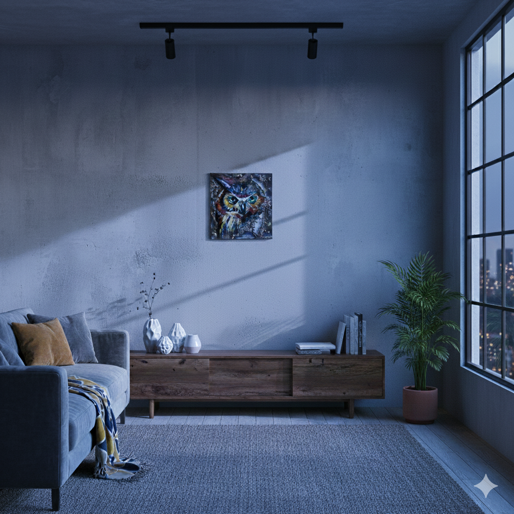 Œuvre murale de Philippe Buil représentant un hibou coloré réalisée en acier, dentelle de bronze et pigments, avec textures métalliques en relief.