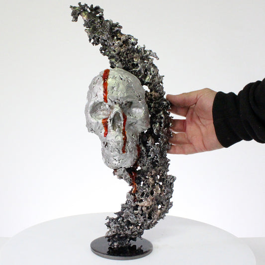 Sculpture artistique crâne moderne effet dentelle acier et aluminium
