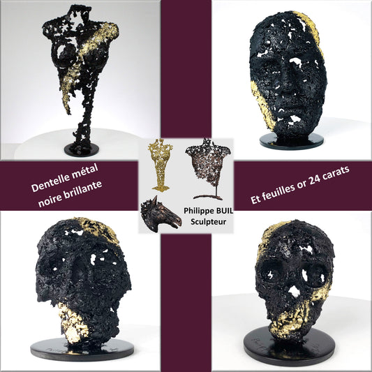 Nouvelle finition : une dentelle de métal noire brillante et des feuilles d'or 24 carats