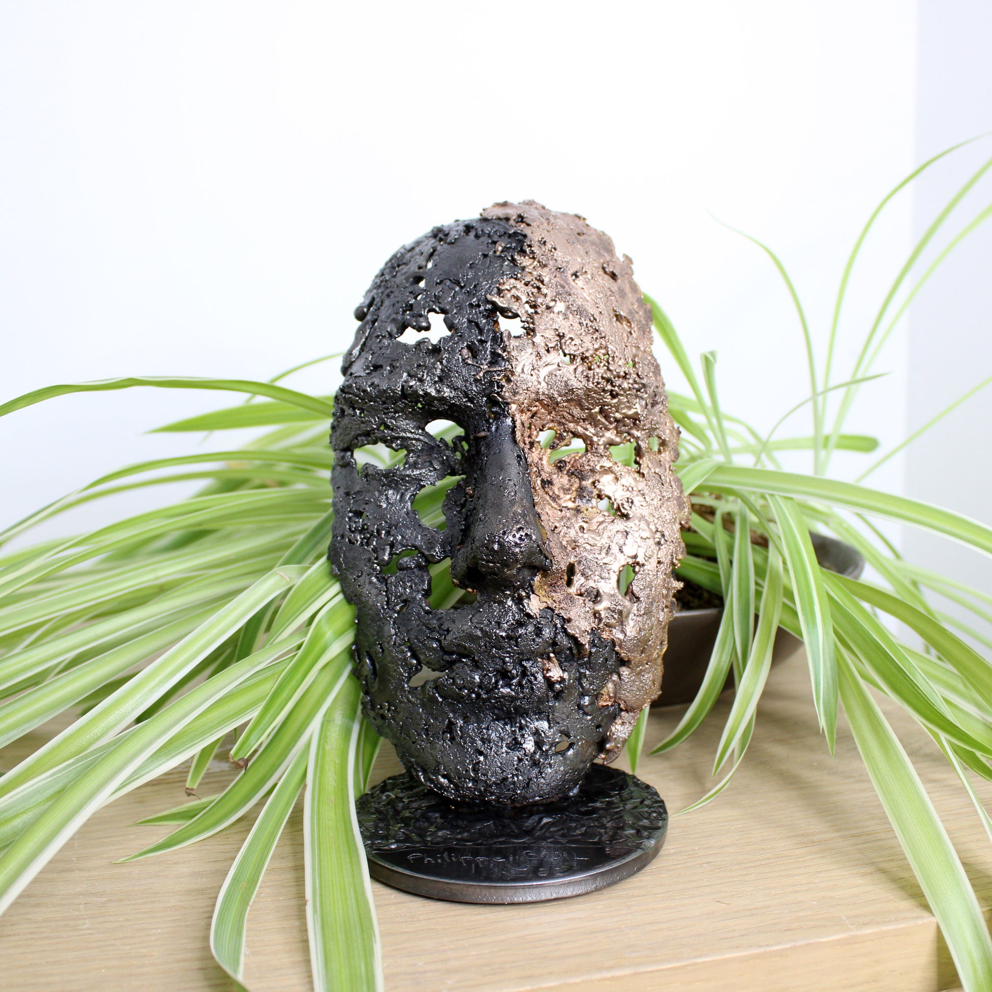 Cette sculpture représente un visage humain, créé avec une technique de dentelle de métal unique.