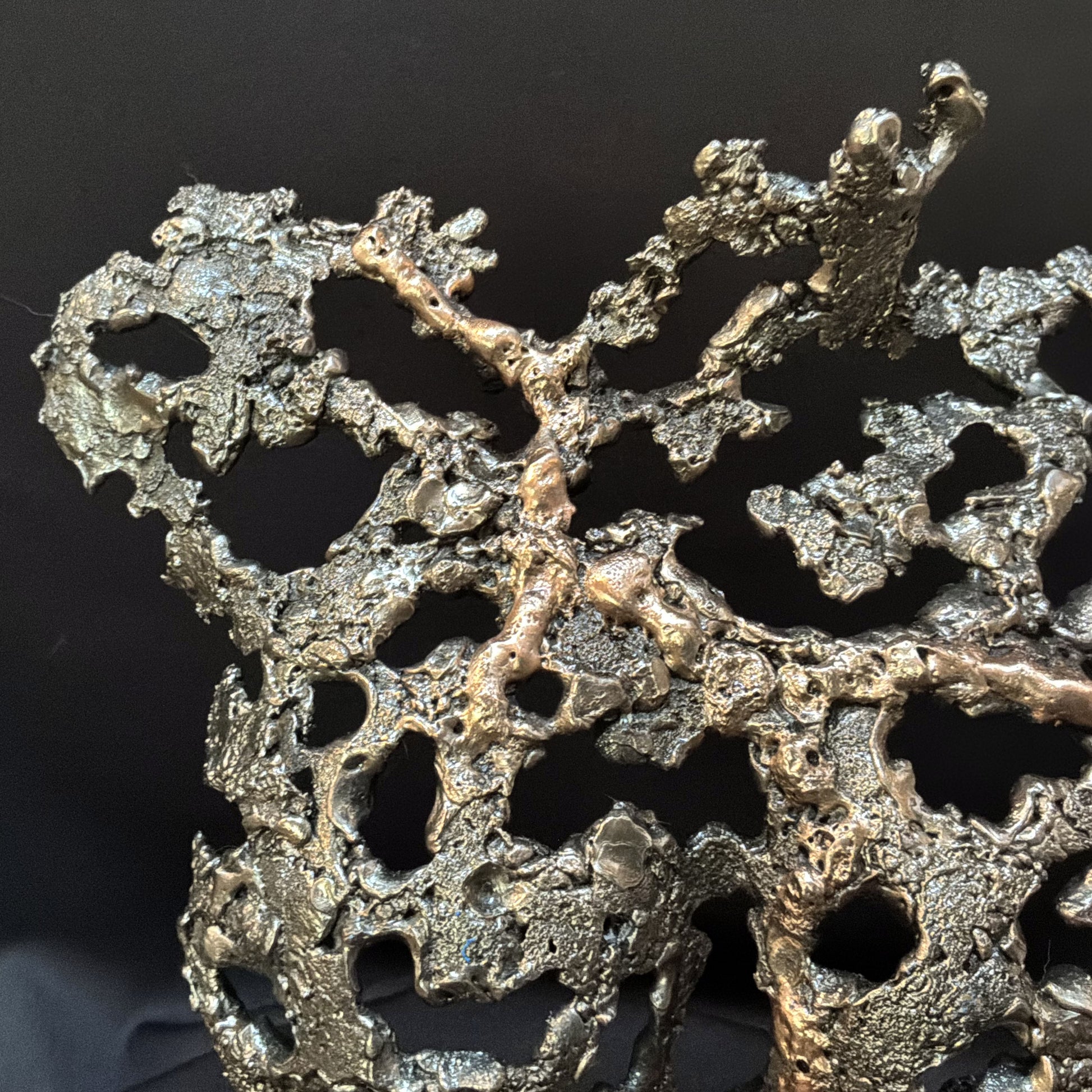 Détail de la texture organique en acier et bronze de la sculpture Pavarti Éclosion