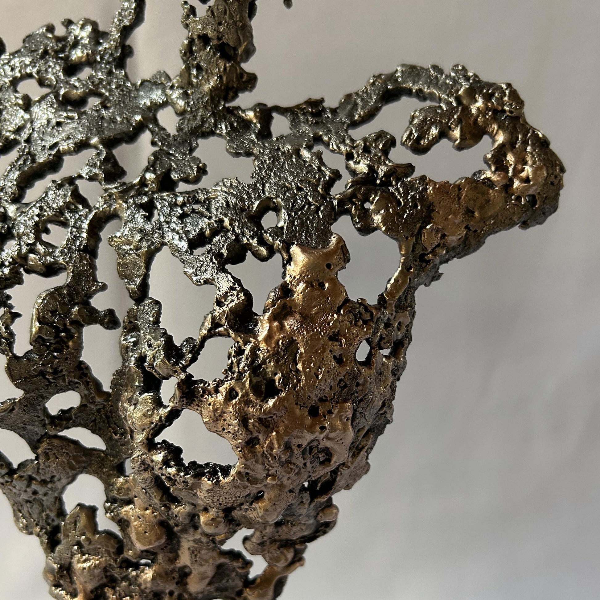 Cette sculpture de Philippe Buil représente un buste féminin, sublimé par une dentelle métallique ajourée, alliance de bronze et d'acier.