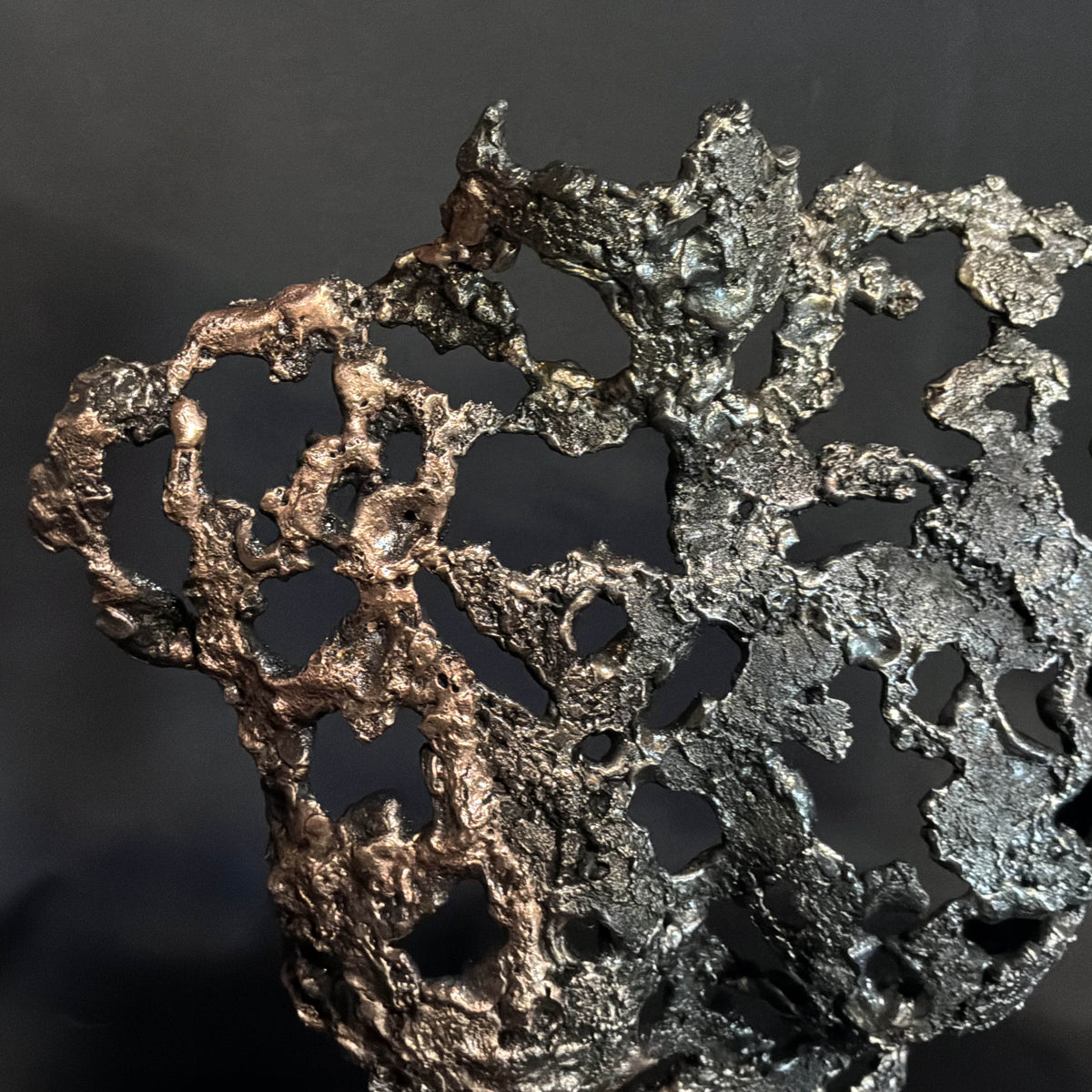 Détail de la dentelle de métal de Les Traces du Temps, montrant les ramifications et la texture de la matière.