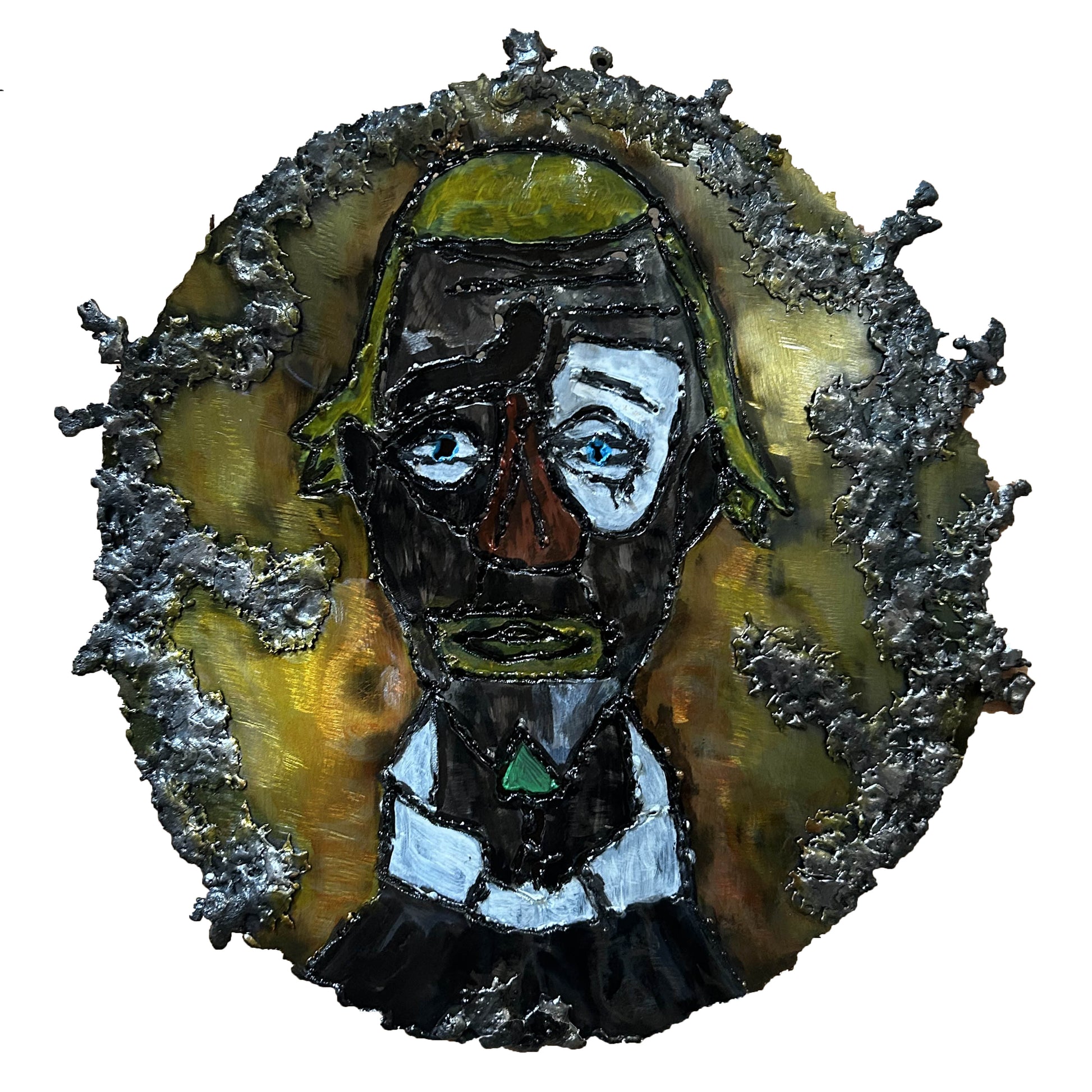 Sculpture murale en acier réalisée par Philippe Buil, représentant un visage de clown inspiré de Bernard Buffet, avec dentelle de métal et pigments colorés.