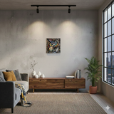 Œuvre murale de Philippe Buil représentant un hibou coloré réalisée en acier, dentelle de bronze et pigments, avec textures métalliques en relief.