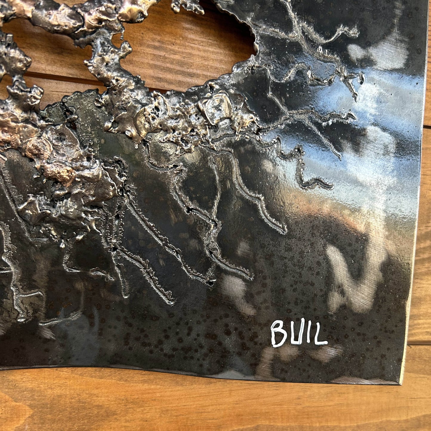 Tableau contemporain en métal de Philippe Buil représentant un visage en relief, moitié peint avec des pigments, moitié ajouré en dentelle d’acier et de bronze, créant un jeu d’ombres et de lumière.