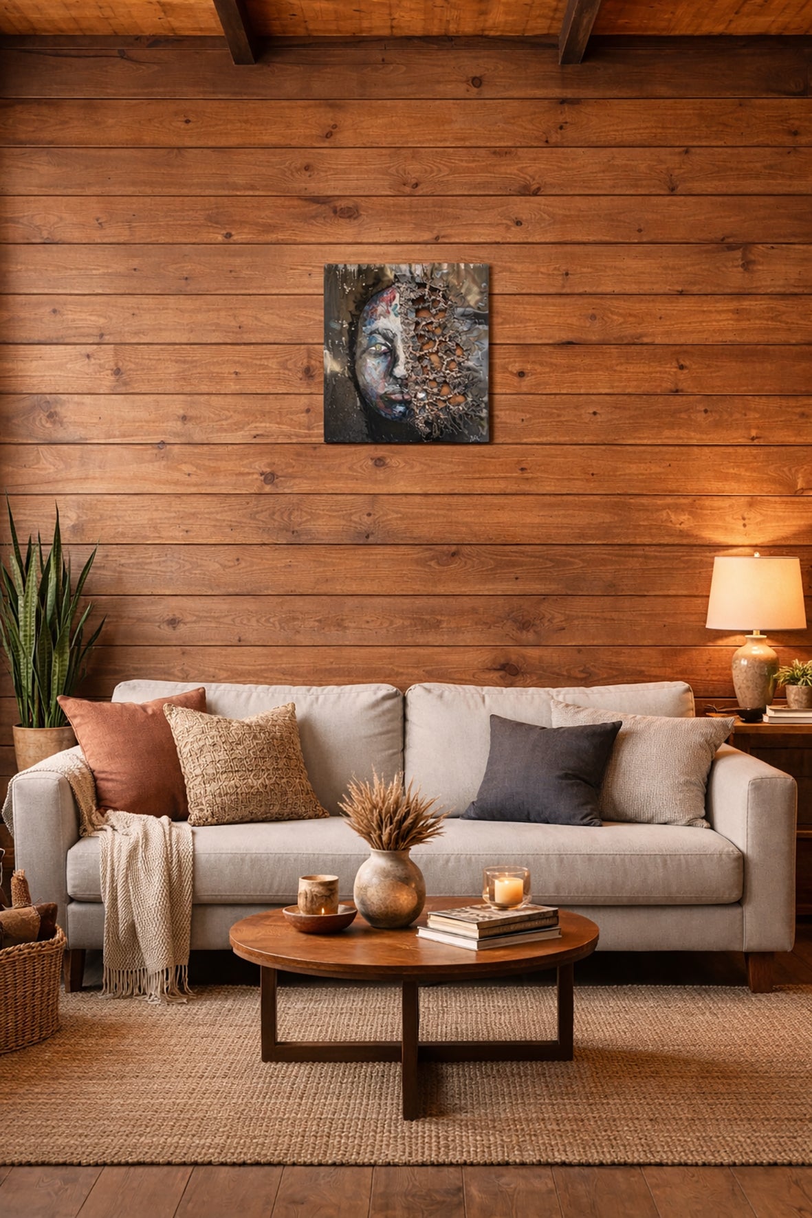 Tableau contemporain en métal de Philippe Buil représentant un visage en relief, moitié peint avec des pigments, moitié ajouré en dentelle d’acier et de bronze, créant un jeu d’ombres et de lumière.