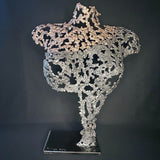 Sculpture contemporaine Belisama Andalouse sacrée par Philippe Buil, buste de femme en dentelle de métal bronze et acier sur socle noir. Vue de face