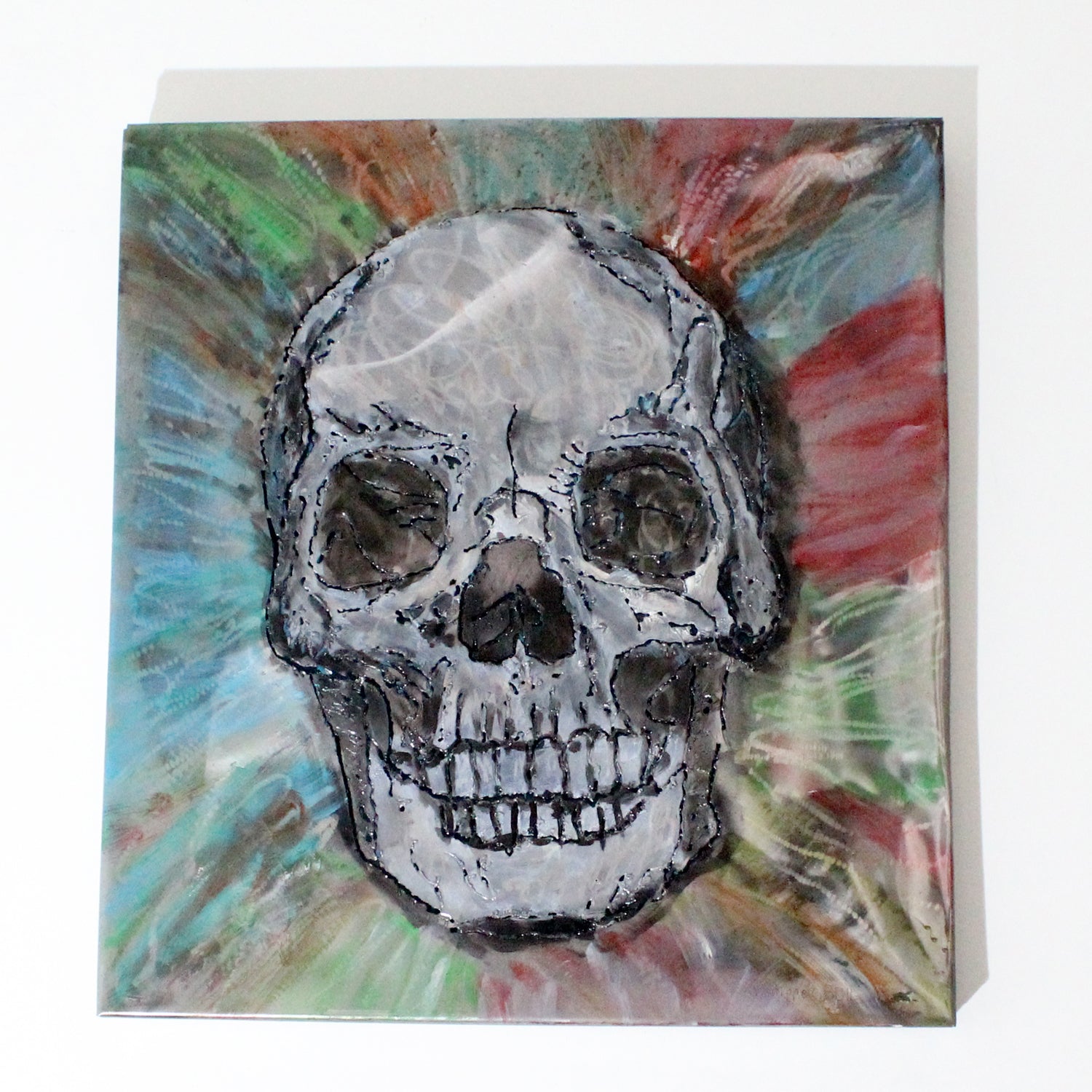 Tableau vanité crane  - Sculpture murale tableau acier et encres - Buil