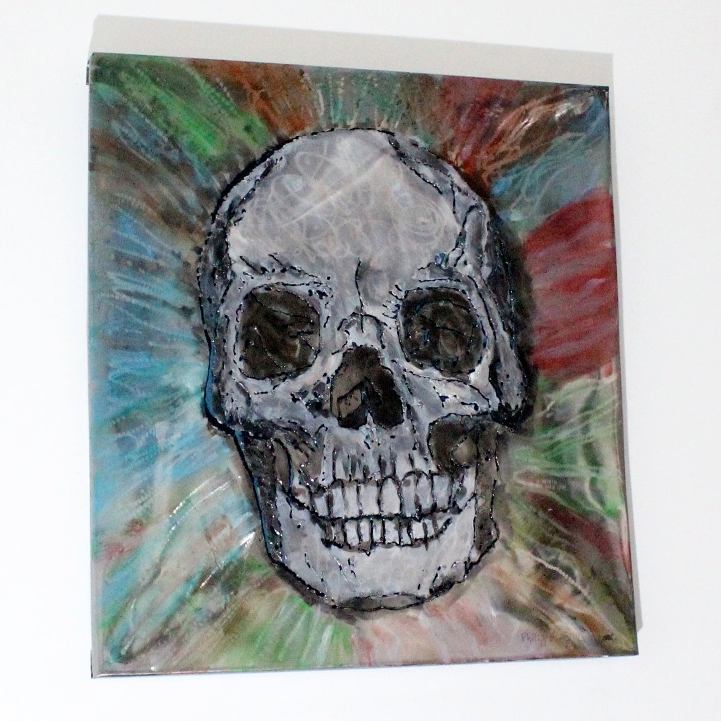 Tableau vanité crane  - Sculpture murale tableau acier et encres - Buil