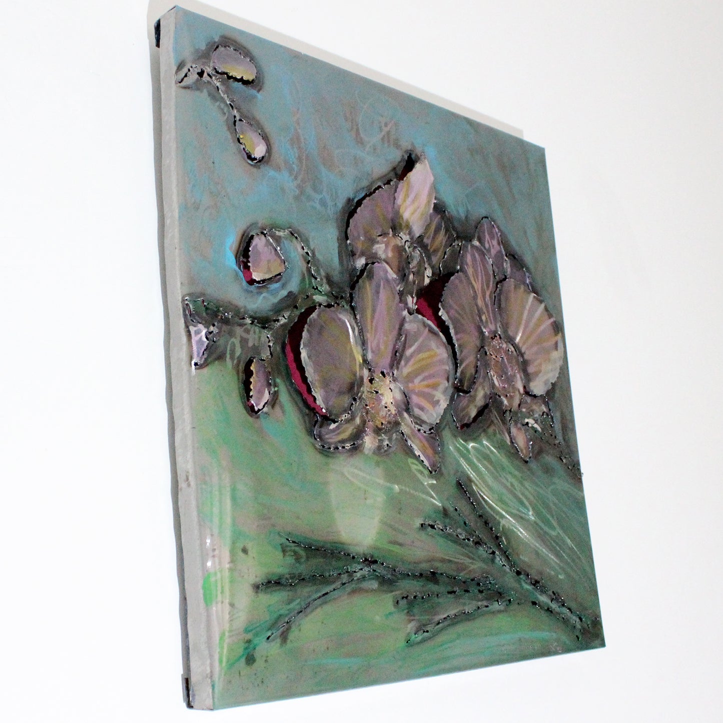 Tableau orchidée  - Sculpture murale tableau acier et encres - Buil