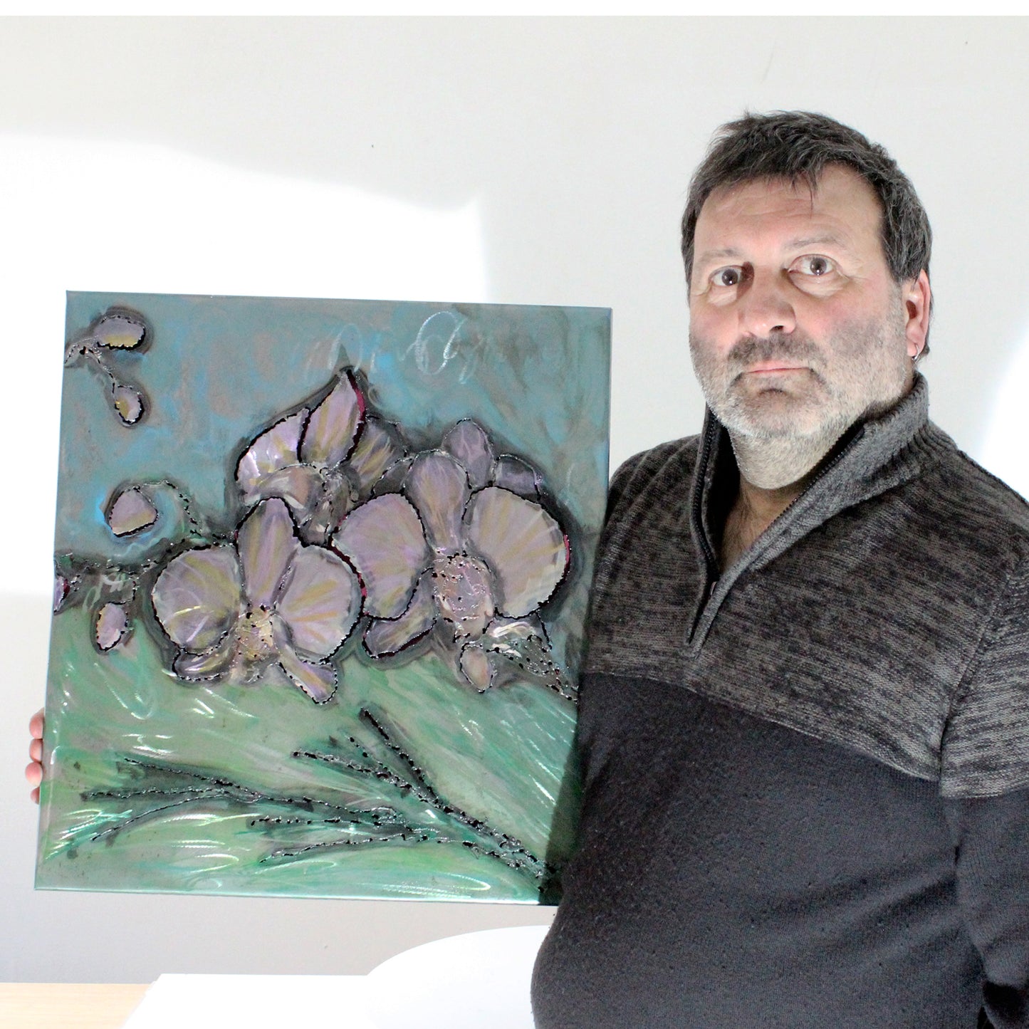 Tableau orchidée  - Sculpture murale tableau acier et encres - Buil