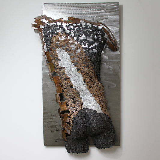 Kouros Et le rideau se lève - Sculpture murale dos en bronze Acier et Aluminium - Buil